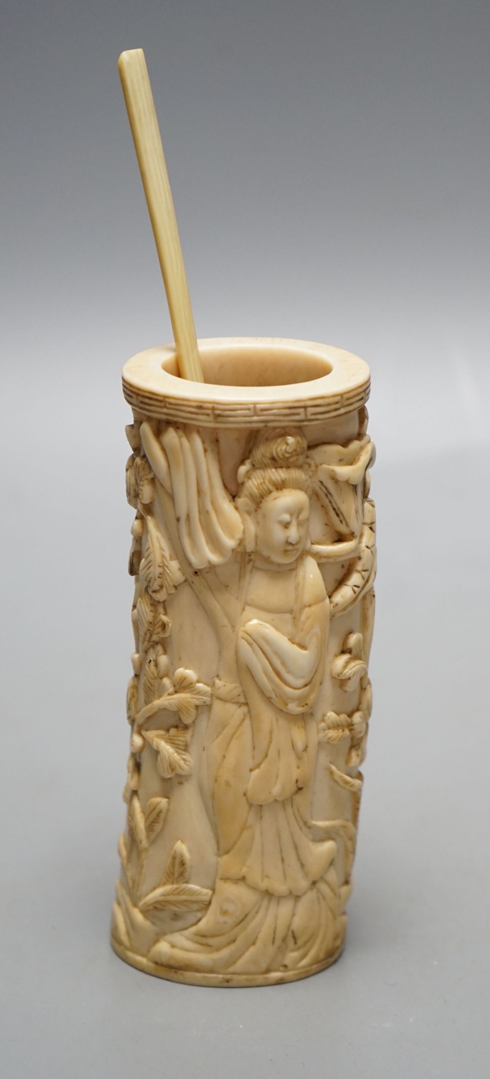 A Chinese 19th century ivory snuff spoon and a brush pot with lady, brush pot 12 cms high.
